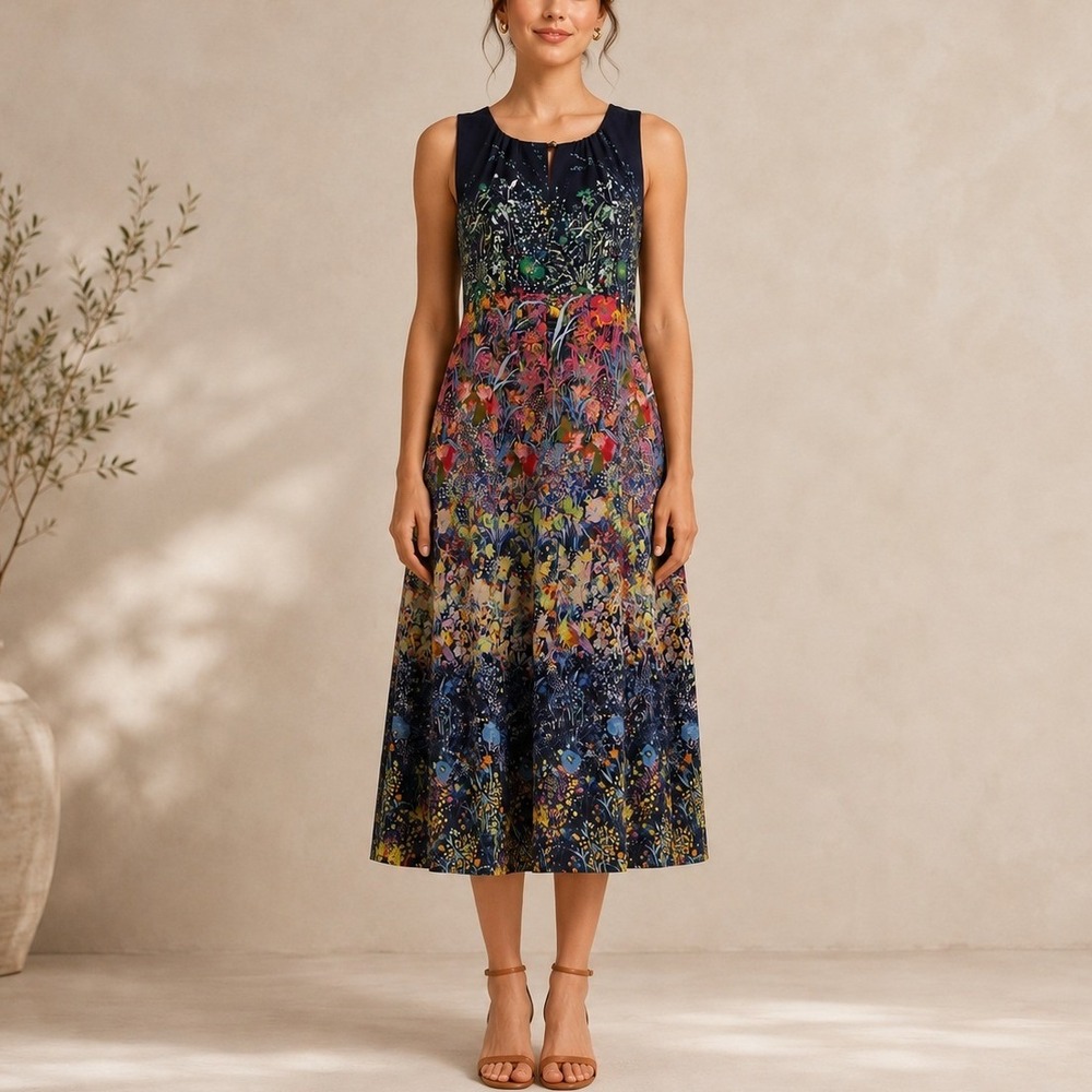 Maeve Larkspur Silk Midi Dress 2 Navy‎ Blue Multicolor Floral Sleeveless Boho